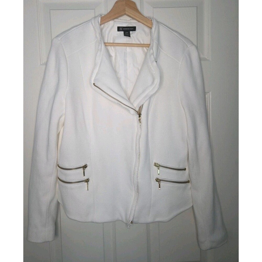 INC International Concepts Lg Women Cotton White Poly Lined Jacket Gold Zippers